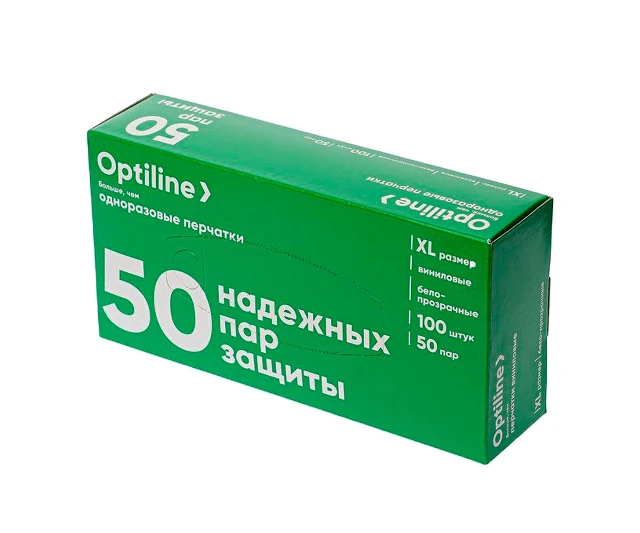 Перчатки виниловые "Optiline" размер XL без напыления (Оптиком)