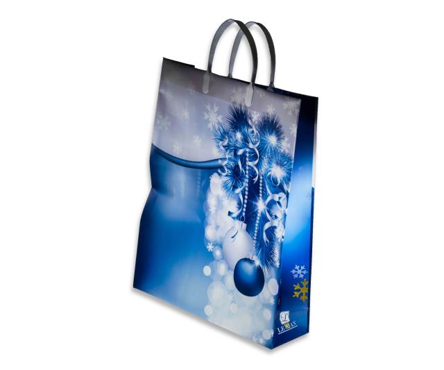 Пакет из мягкого пластика "Синяя ель" новогодний 32х40+10см с пластиковыми ручками 