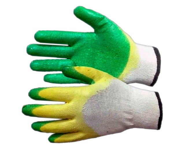 Перчатки хлопчатобумажные с двойным латексным обливом зелено-желтые